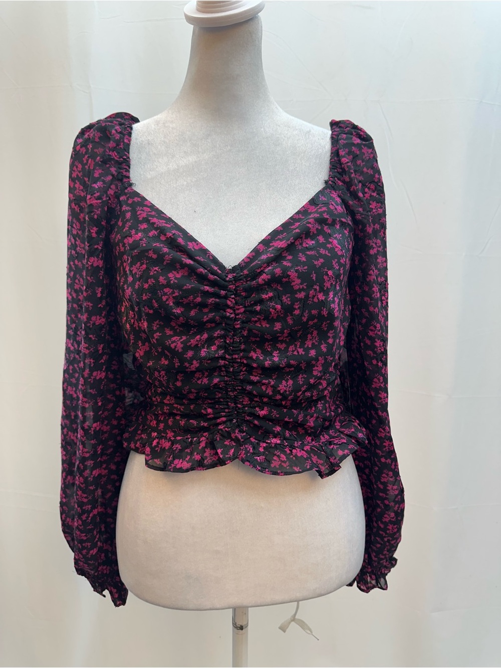 ASTR Black Blouse with Magenta Floral Print and Ruched Front S
